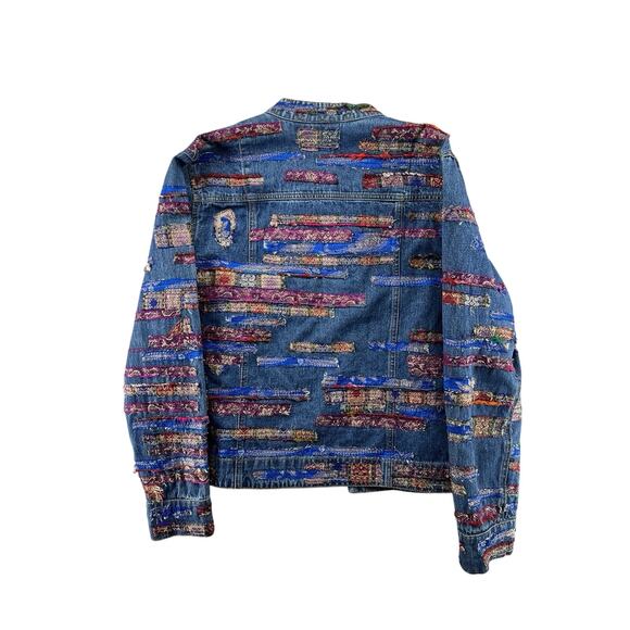 Chico’s Boho Patchwork Embroidered Denim Jacket Size 1 M/L India Festival Art - Picture 2 of 6